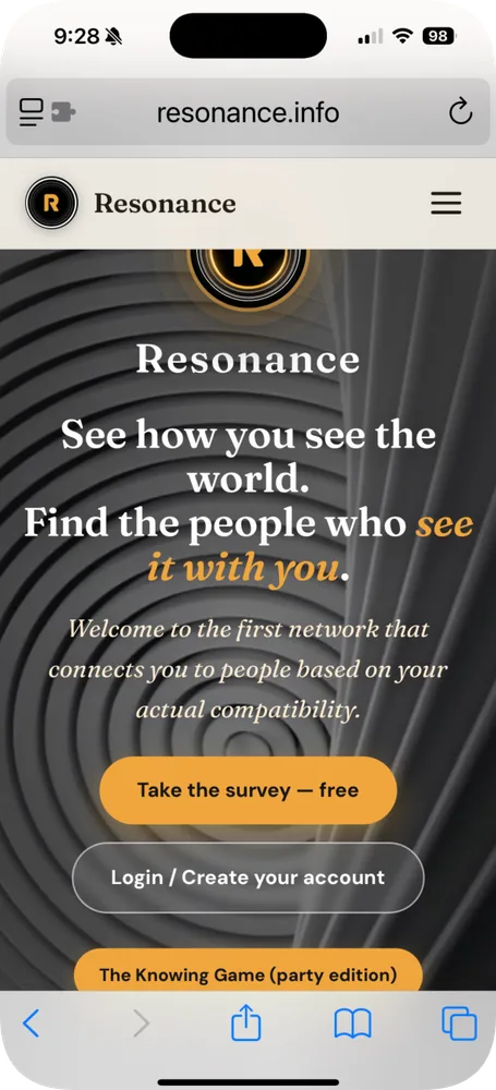 The Resonance home page on a phone