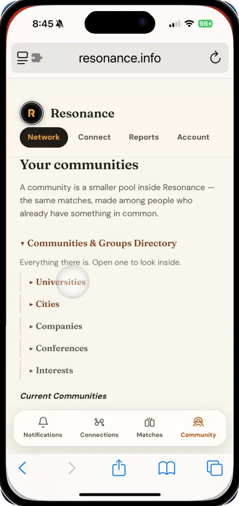 The Network page showing Your communities