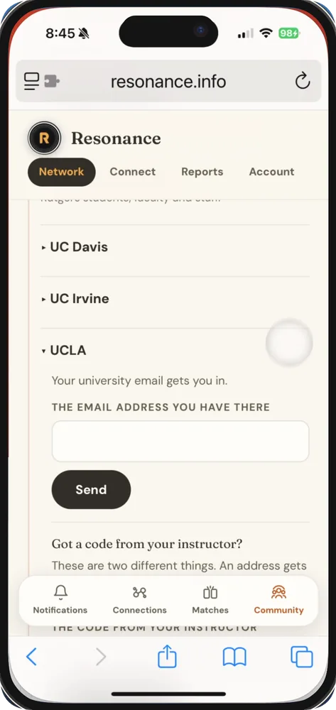 Joining a university community by entering a university email